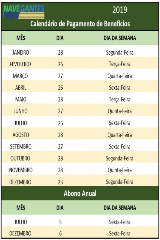 Calendário de pagamento de 2019